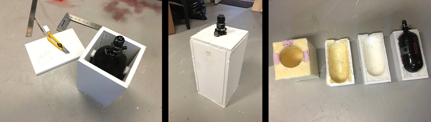 Left: Final version of mold with tank inside.&nbsp; Center: Liquid PU poured into mold, sealed with cap.&nbsp; Right: Multiple iterations of PU chemical blends to achieve right amount of "cushion."