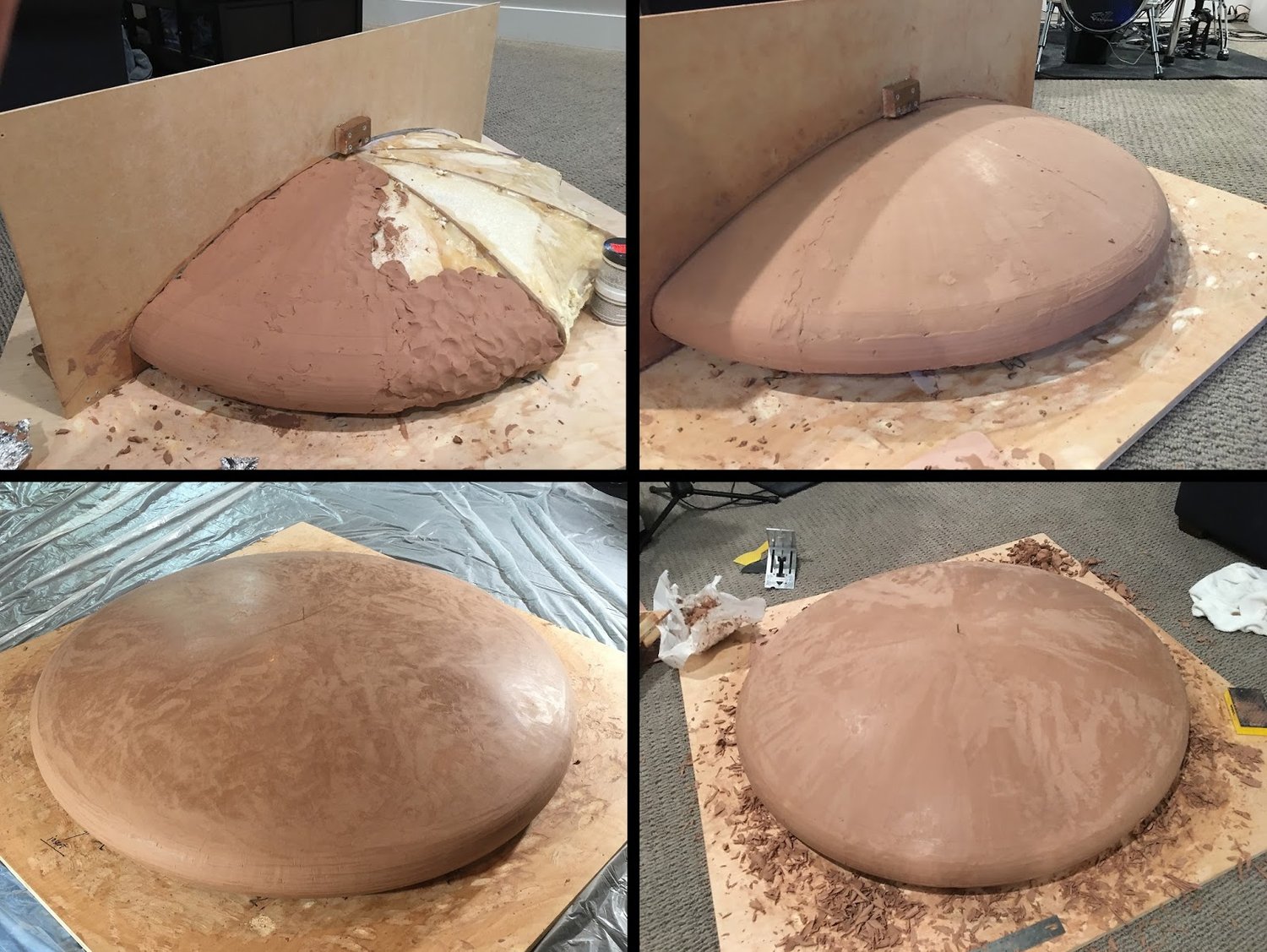 Clockwise from top left: (1) Filling out the profile with clay;&nbsp; (2) Scraping with the wooden fixture;&nbsp; (3) Lots of bits after scraping!&nbsp; (4) Ready for coating.